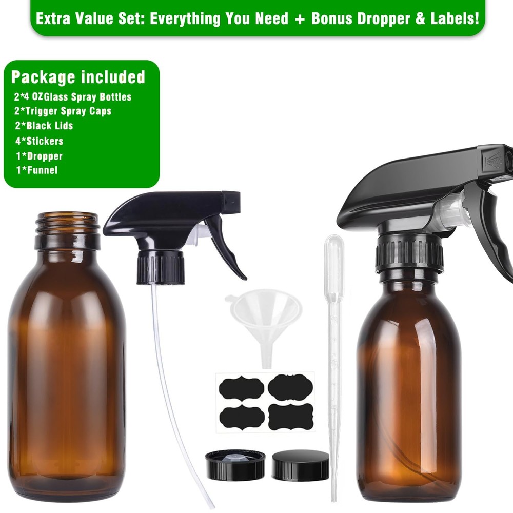 4oz Amber Glass Spray Bottles 2Pack Refillable for Essential Oils
