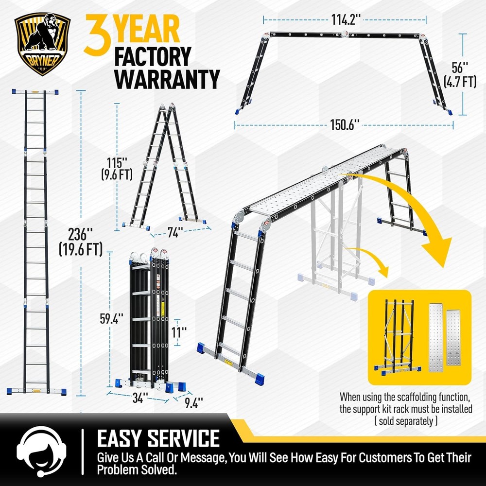 Folding Adjustable Telescoping Step Ladder 330lbs Step Folding Ladder 19.6ft