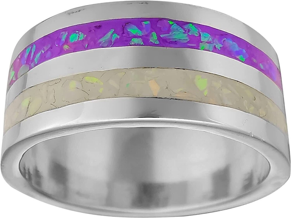 925 Sterling Silver White & Violet Opal Two-Loop Statement Ring - Handmade...