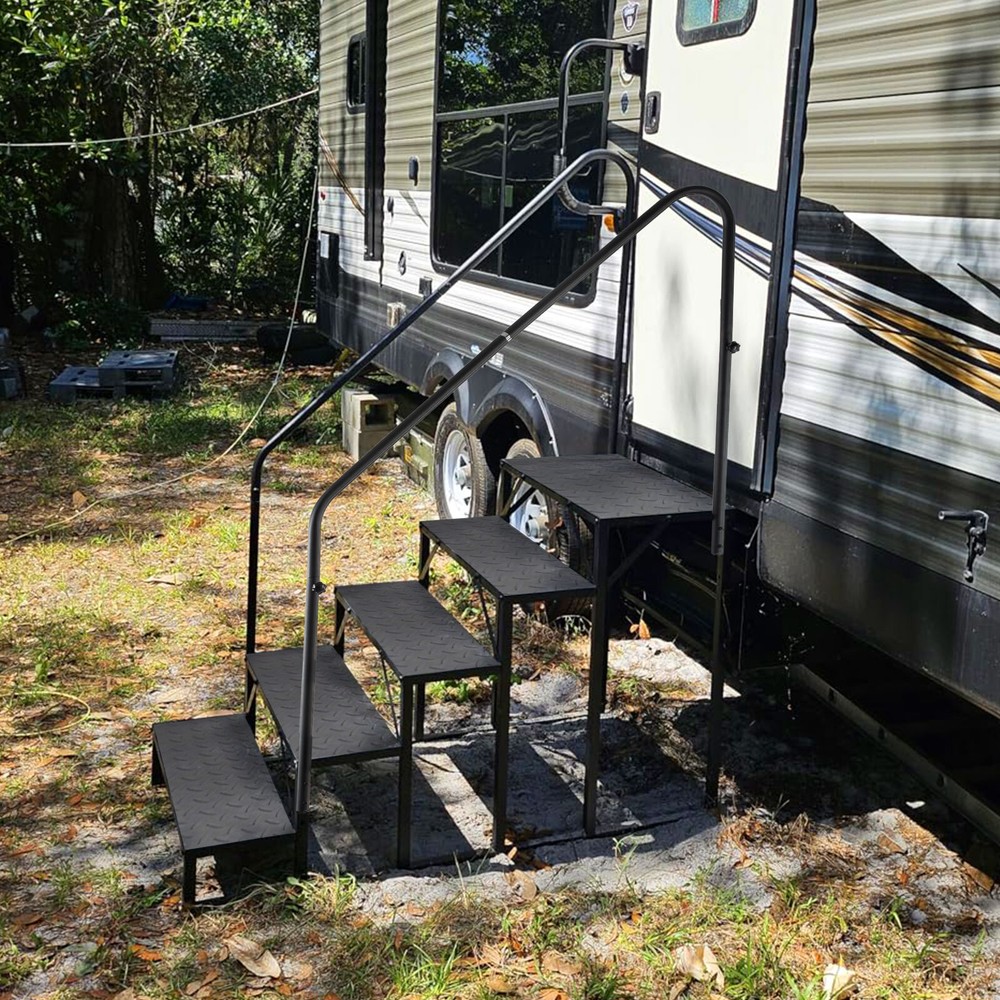 5-Step Ladder RV Steps w/ Handrails Mobile Home Stairs for Travel Trailer Camper