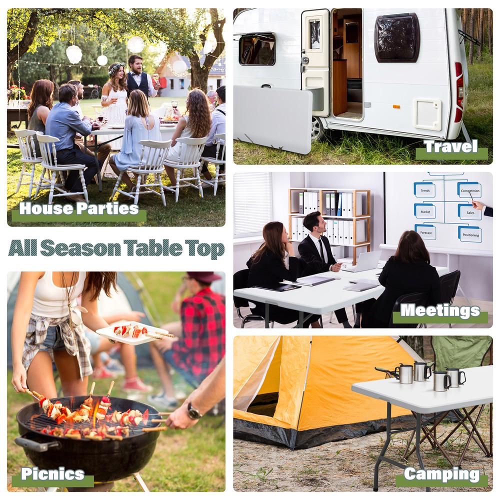 2PCS 8FT Folable Camping Table w/Handle Lock Dining Table Picnic Camping Table