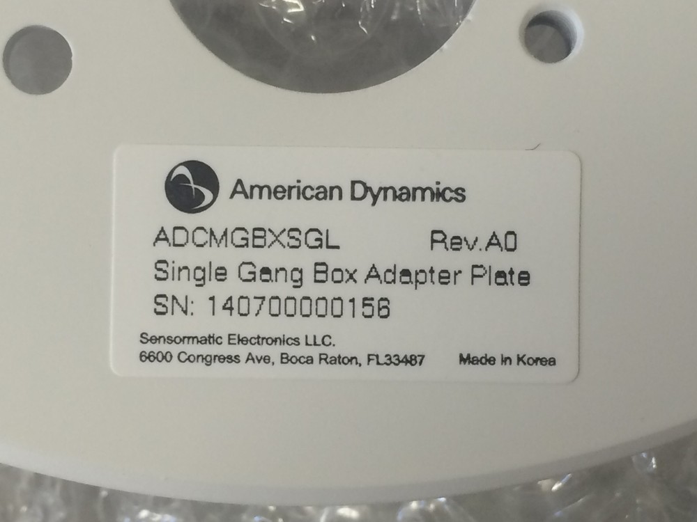 AMERICAN DYNAMICS PROD CODE: ADCMGBXSGL DESC: SINGLE GANG BOX ADAPTER PLATE