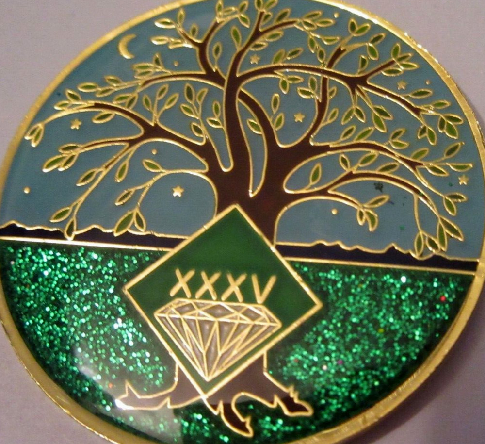 Narcotics Anonymous NA Tree Green 35 Year Medallion Gold Black