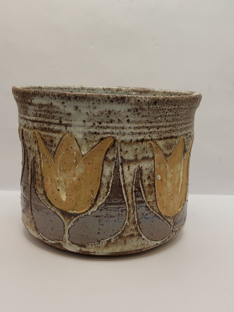 Barna Stoneware Pottery Planter Tulip Pattern Signed