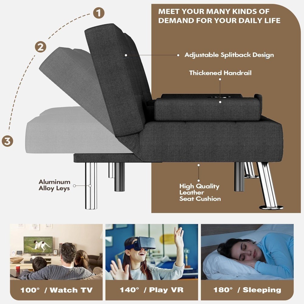 Futon Sofa Bed with Removable Armrests, Adjustable Recliner Sleeper Couch with