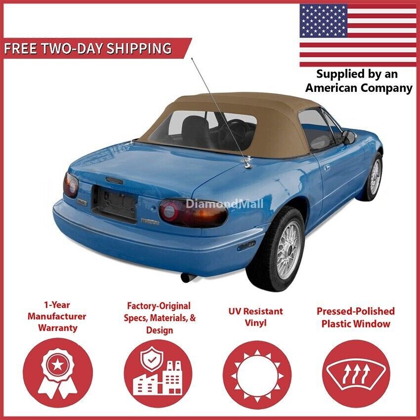1990-05 Mazda Miata Convertible Soft Top w/ DOT Approved Plastic Window, Tan