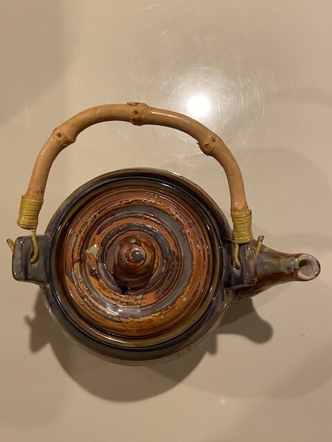 Studio Art Pottery Ceramic Textured Glazed Teapot w/Bamboo Handle Awesome EUC
