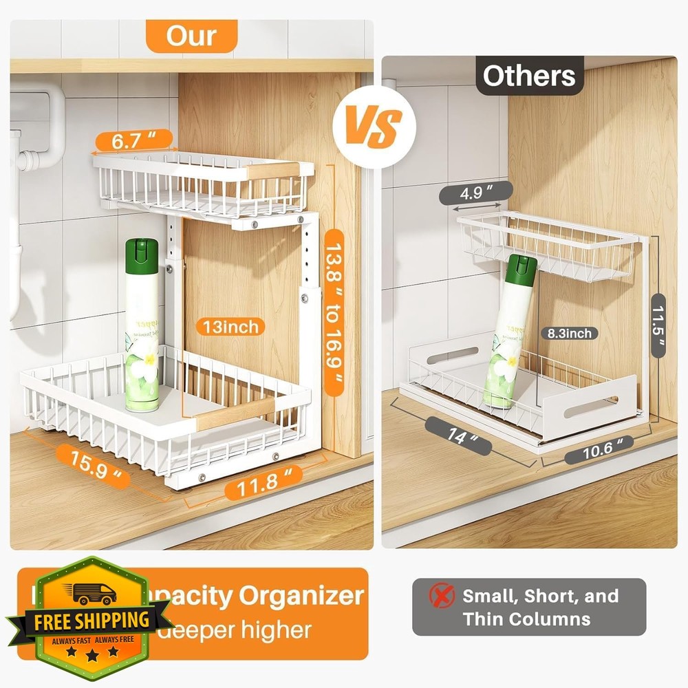 PXRACK 2 Pack White Under Sink Organizer Pull Out Metal Large