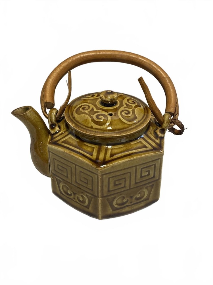 Vintage Ceramic Teapot with Bamboo Handle