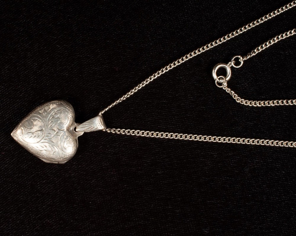 Sterling Silver Puffed Heart Locket Etched Pendant Free Chain