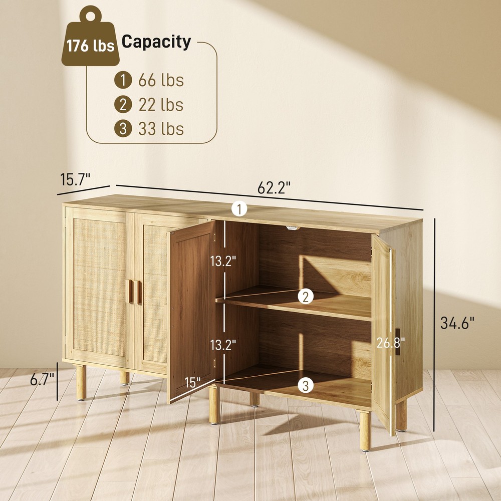 Two Double-tier Cabinet Sideboard with Rattan Doors for Ample Storage