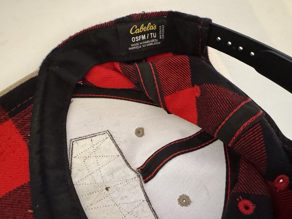 Cabelas Cap Buffalo Plaid Hat Tan Patch Red Black Flannel SnapBack 6 Panel Crown