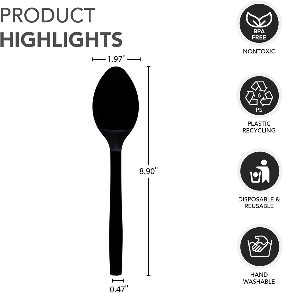Party Essentials Hard Plastic 9" Serving Spoons, Black, 12 Count