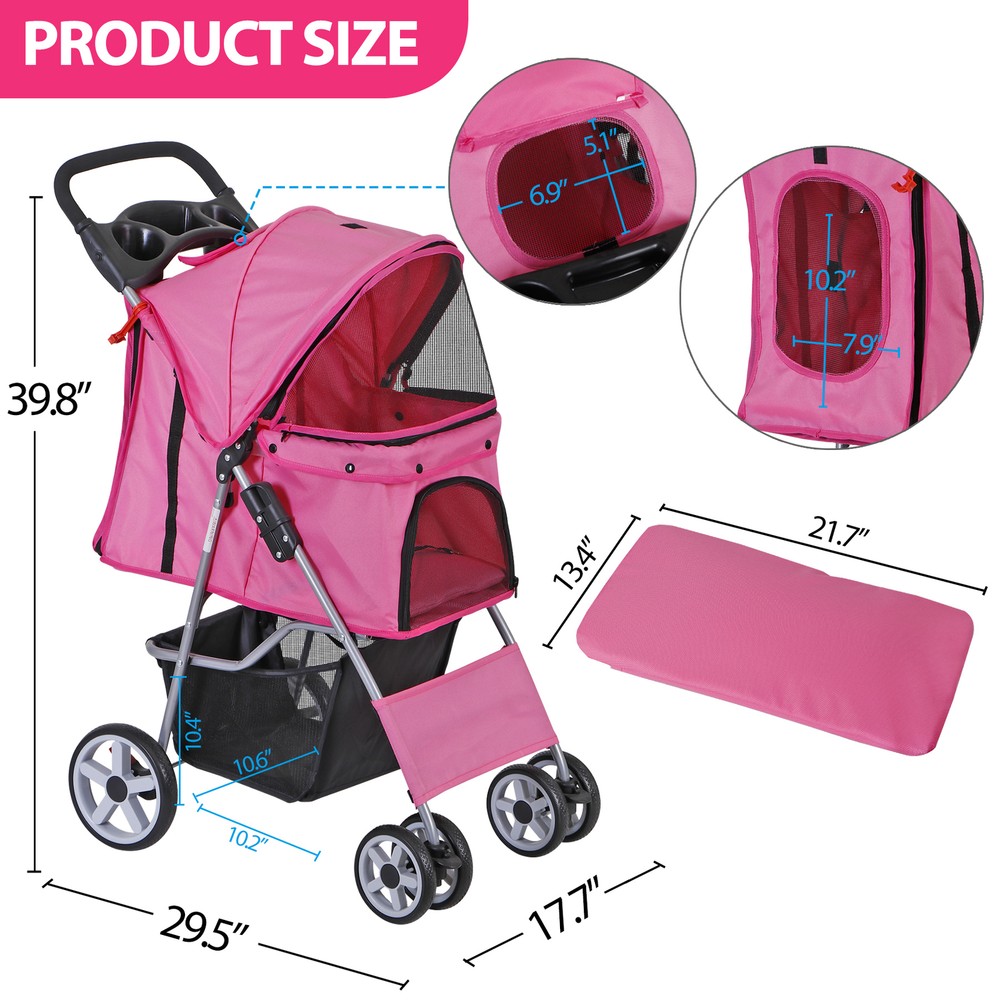 4 Wheels Pink Pet Stroller Foldable Dog Cat Jogging Stroller w/ Storage Basket