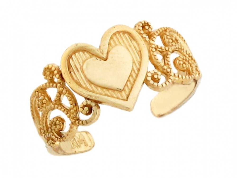 3D Adjustable Filigree Double Heart Toe Ring Solid Real 10K Yellow Gold