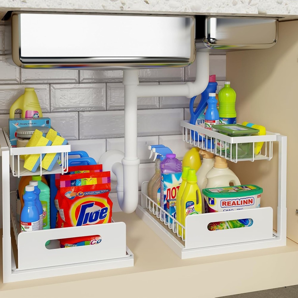 Under Sink Organizer Pull Out Cabinet Organizer 2 Tier Metal Slide Out Shelf W/