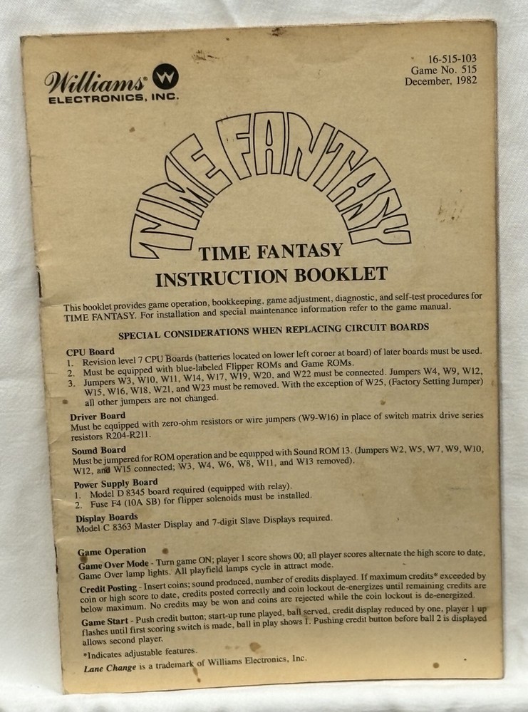 ORIGINAL-WILLIAMS-TIME FANTASY-INSTRUCTION BOOKLET