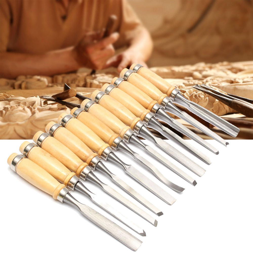 12Pcs Wood Carving Hand Chisel Tool Set Woodworking Professional Steel Gouges