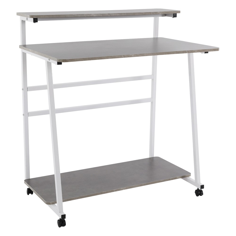 3-tier Computer Desk, Home Office Desk, Rolling Computer Desk, White, Grey