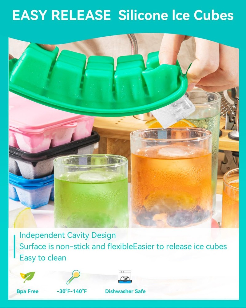 4 Pack Silicone Ice Cube Trays with Lids Easy Release 60 Grids Stackable Square