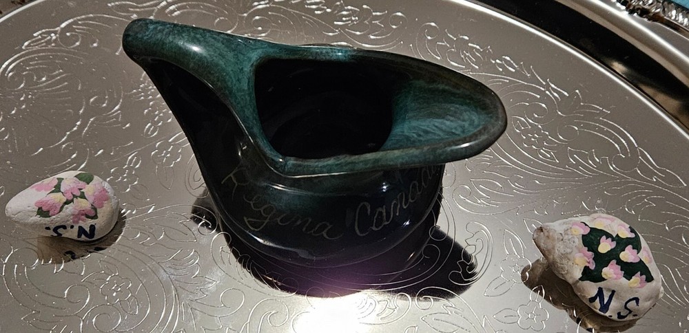 Evangeline Pottery pitcher from Regina Canada & 2 hand painted shells .