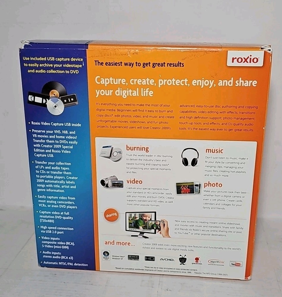 ROXIO CREATOR 2009 Special Edition w/ VHS To DVD Adaptor & Software Windows XP