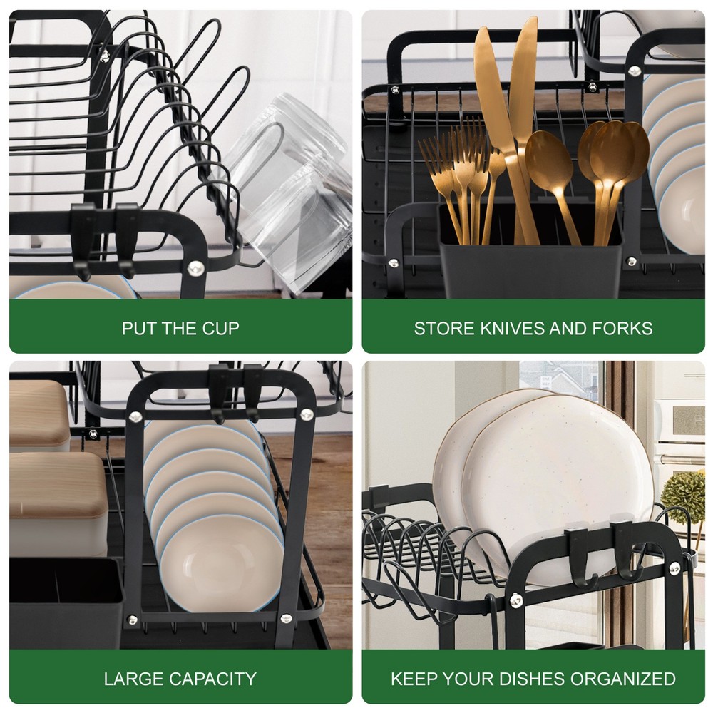 2 Layer Dish Drying Rack Space-Saving Dish Rack for Kitchen Drainer Drainboard