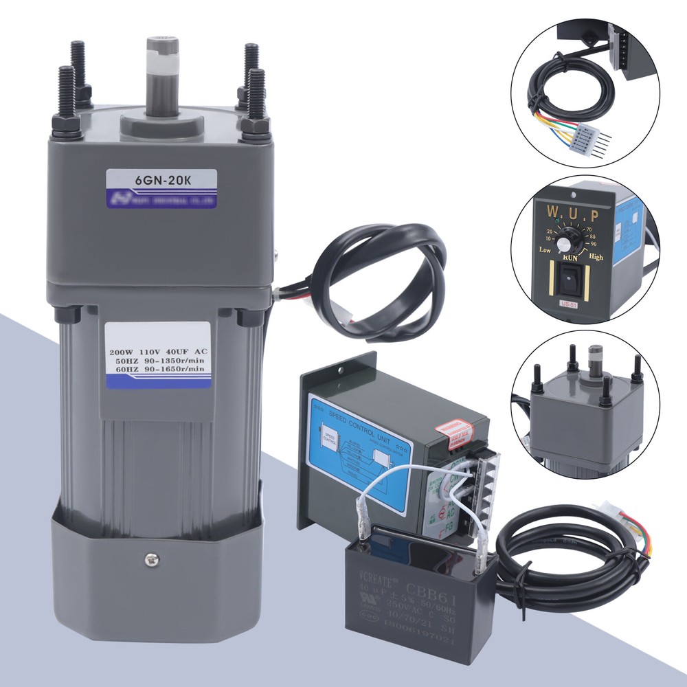 200W 110V AC Gear Motor Electric Variable with Speed Controller Single-phase 20K