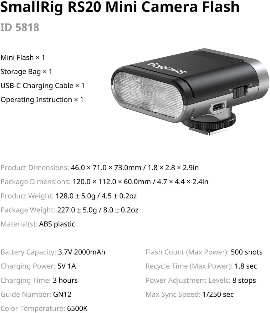 SmallRig RS20 Mini Camera Flash for Sony for Canon