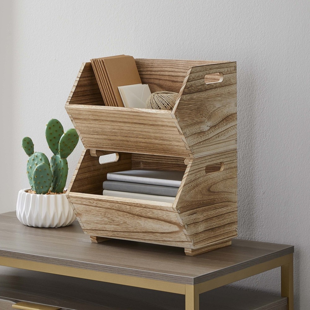 2-Pcs Natural Wood Stacking Open Front Decorative Storage Bin Modern