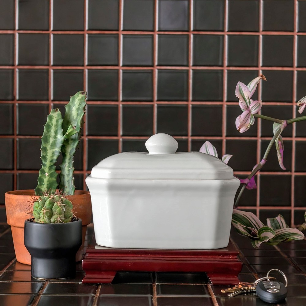 Red Lantern 8" White Porcelain Covered Jar