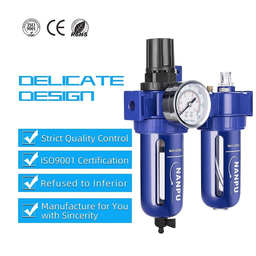 Durable 3/8" NPT Air Filter Regulator Lubricator with 5 Micron Brass Element