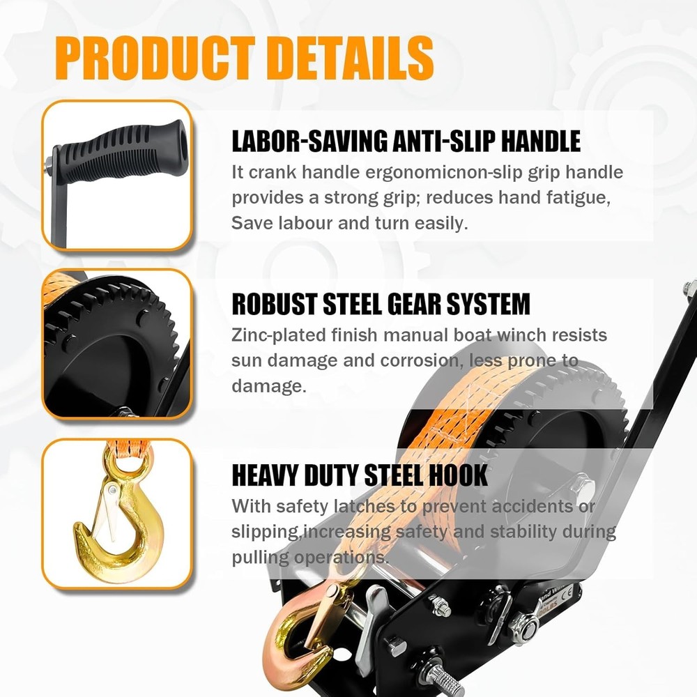 Boat Trailer Winch，Heavy Duty Hand Winch with Polyester Strap, 3500LBS