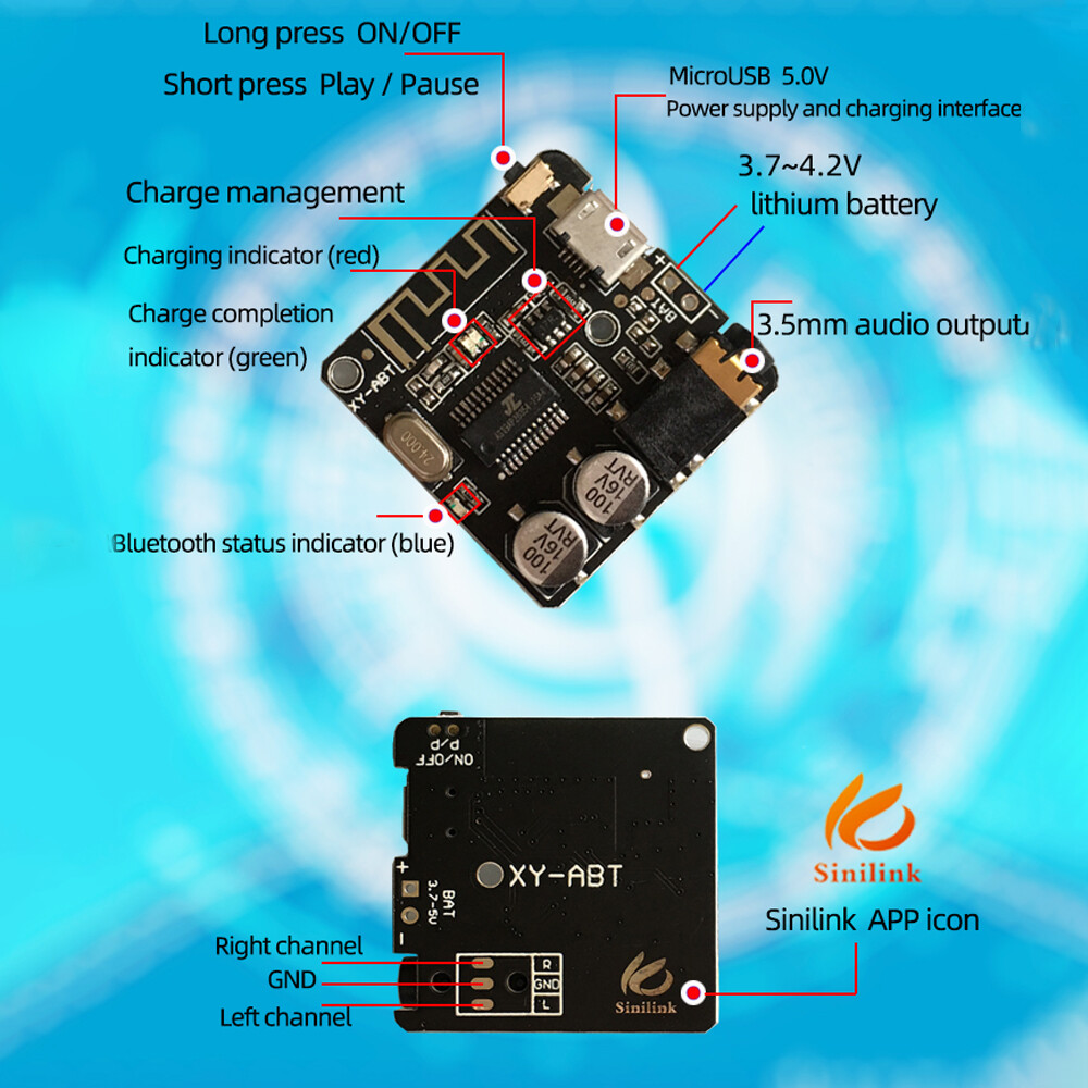 Bluetooth 5.0 Audio Decoder Board MP3 Receiver Module APP Control 3.7-4.2V DC