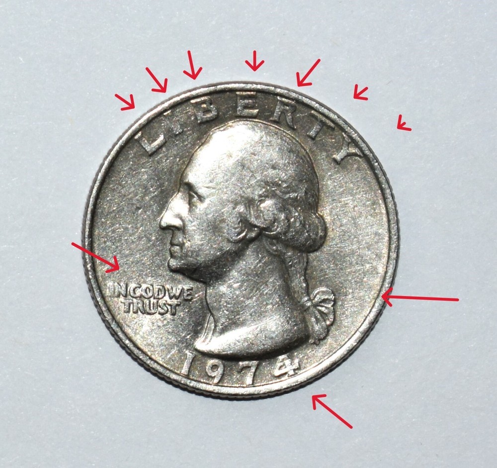 1974 Quarter Error No Mint Mark Missing Claw/Foot, Weak Strike, Missing I's DD +