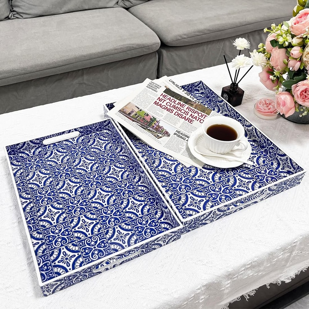 Umisriro 2 Pack Serving Tray w/ Handles, Decorative Rectangular Trays for Coffee