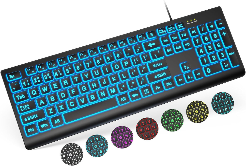 SABLUTE Large Print Backlit Keyboard, Wired USB Lighted Computer Keyboard
