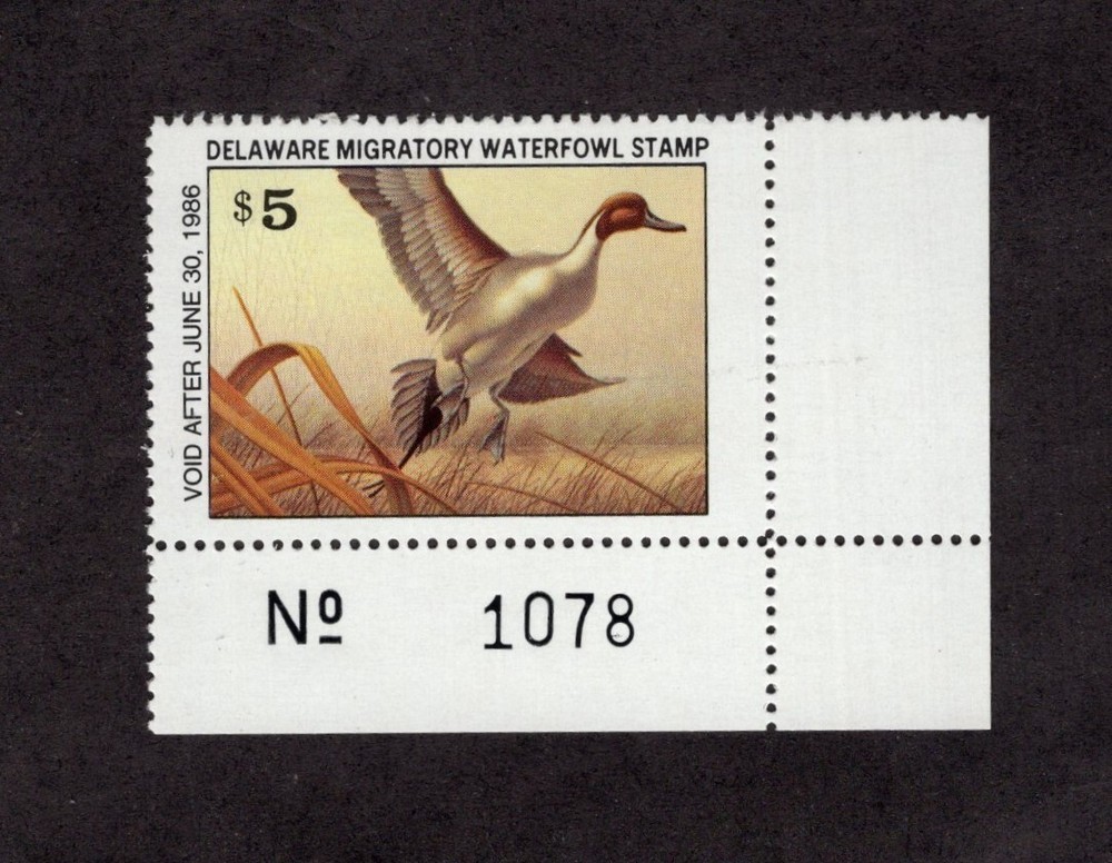 DE6 - Delaware State Duck Stamp. Plate Numbered Single. MNH. OG.