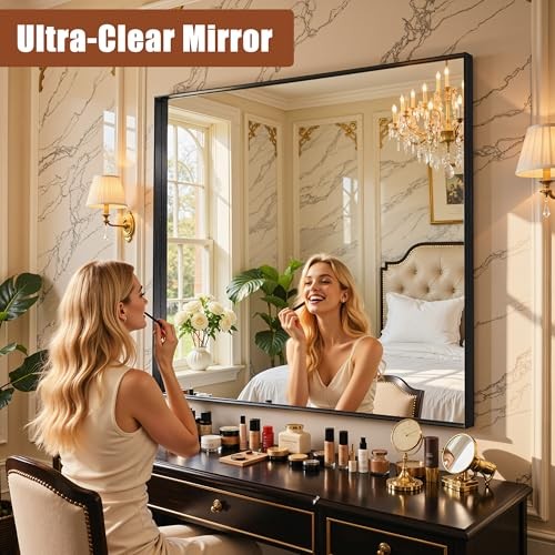 48"x32" Framed Bathroom Mirror, Large Rectangular 32"L x 48"W Black Modern