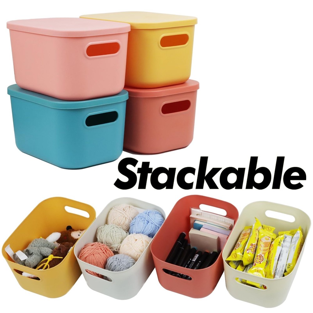 6Pcs Small Storage Bins with Lids, Stackable Plastic Organizer Bin Storage Co...