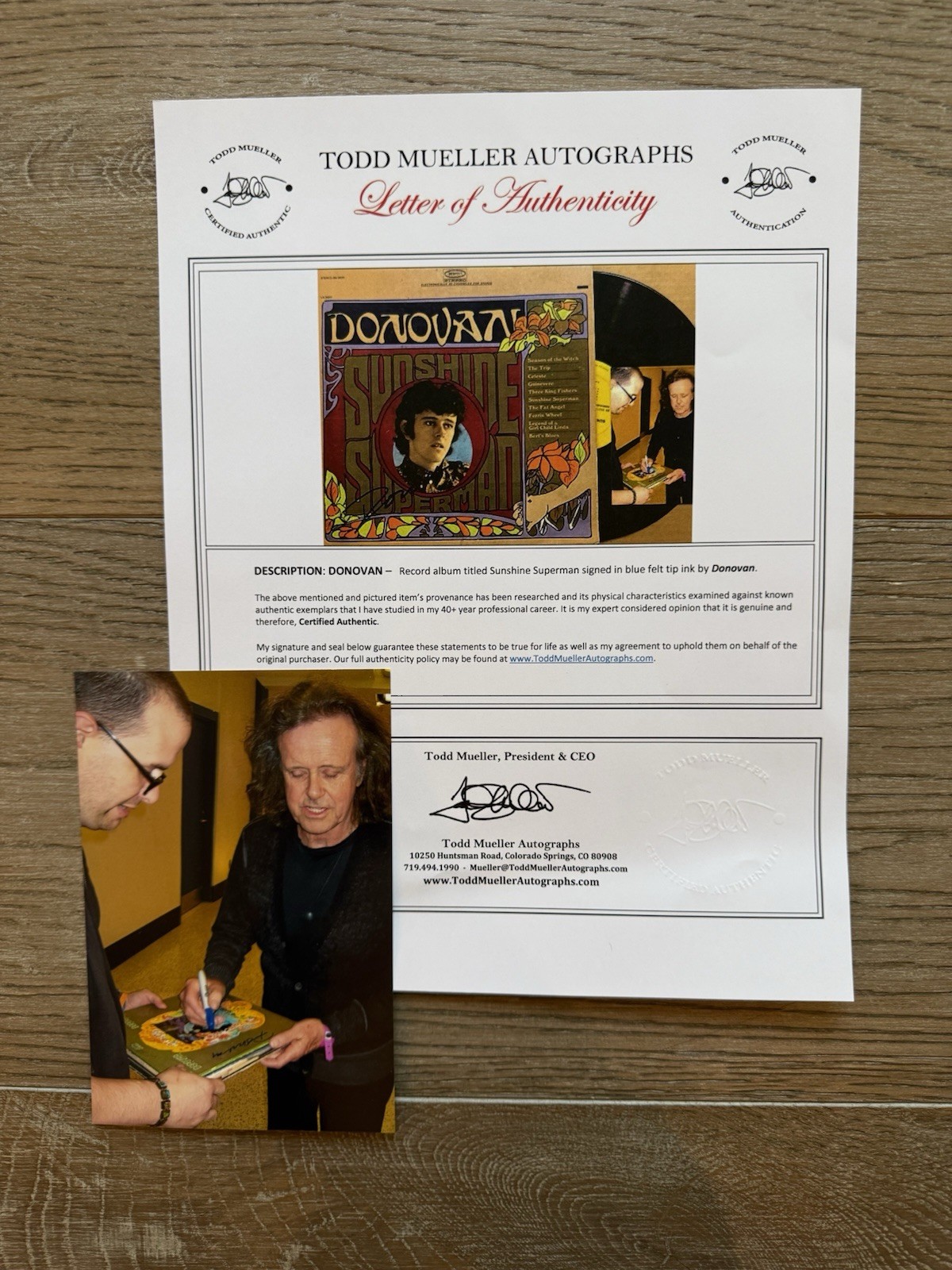 Donovan signed Sunshine Superman album LOA & photo proof