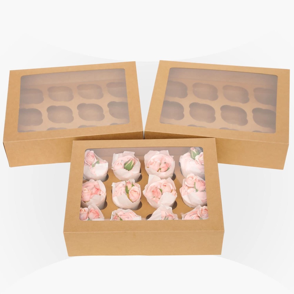 Cupcake Boxes 40 PCS Auto-pop Up Window 12 Count Container Ribbons Brown