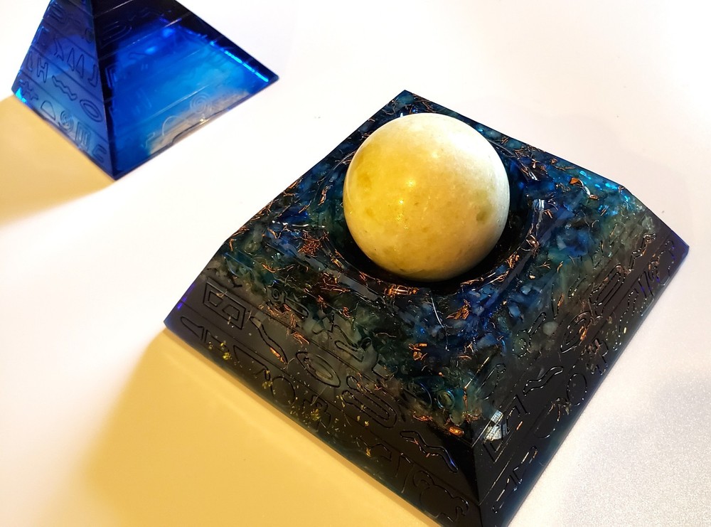 Large Orgonite Pyramid with Crystal Sphere Included.