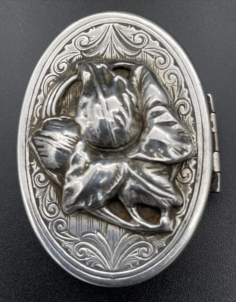 Sterling Silver Pill /Trinket Box Raised Floral Decoration