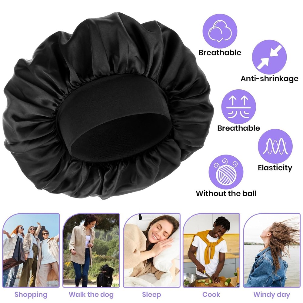 Silk Bonnet for Men, Satin Double Layer Elastic Band Sleep Black
