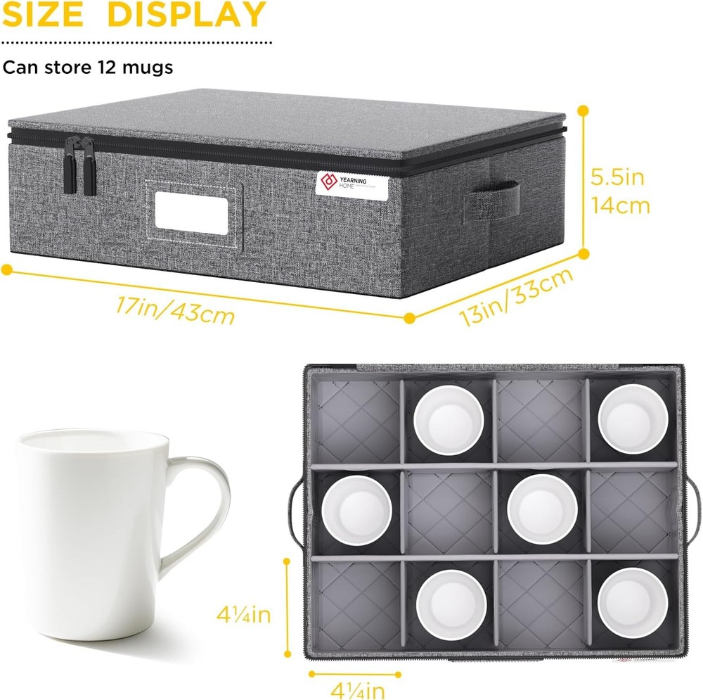 Cup & Mug Storage Box W/ Hard Shell & Dividers Coffee Mugs,Tea Cups &