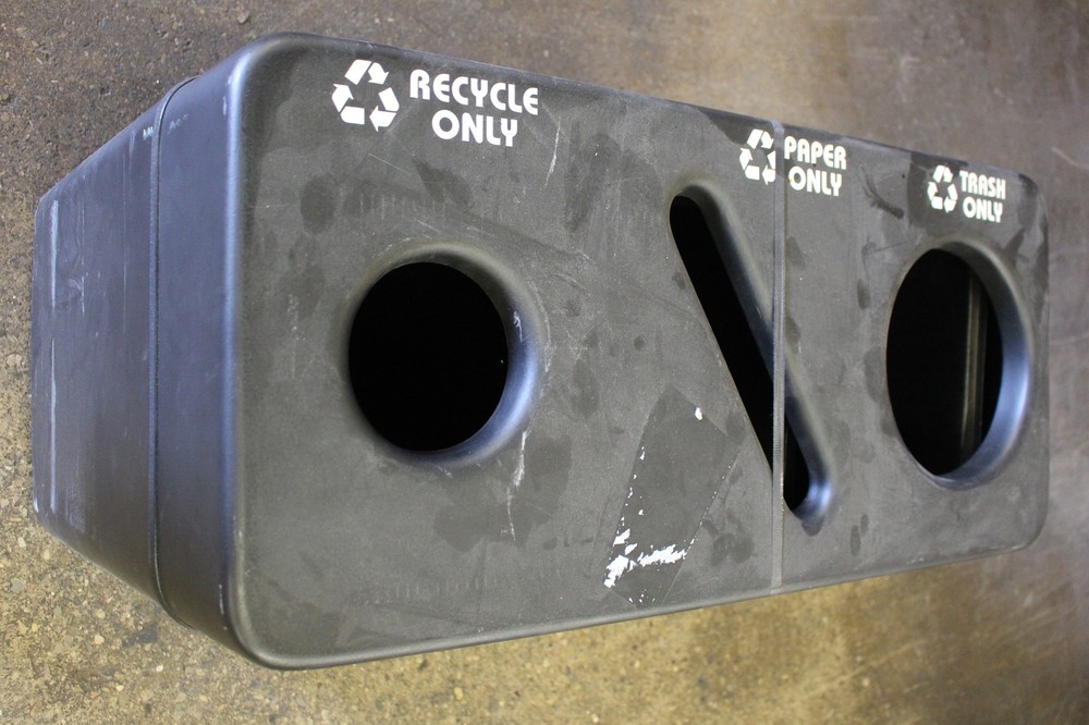 Three-Bin Trash Paper Recycle Receptacle -Black -Used