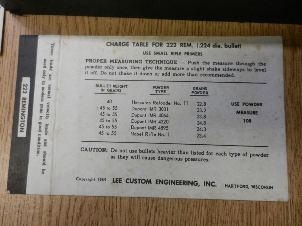 1969 Lee Loader Target Model Zero Error 6x47 With Box 222 Rem Mag Paperwork Used