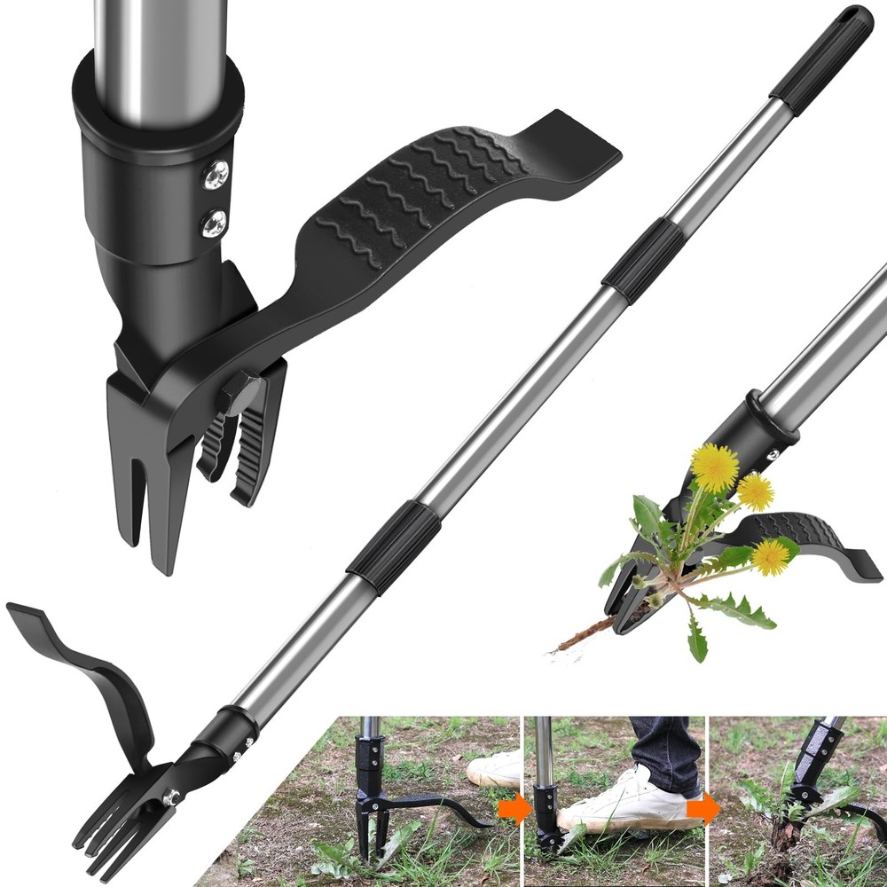 GOXAWEE Weed Puller Tool, 4-Claw Stand Up Weeder with Adjustable 46” Silver