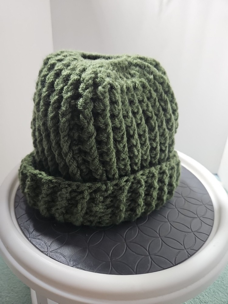 Crocheted Handmade Hat With Top Hole for Ponytail. Green